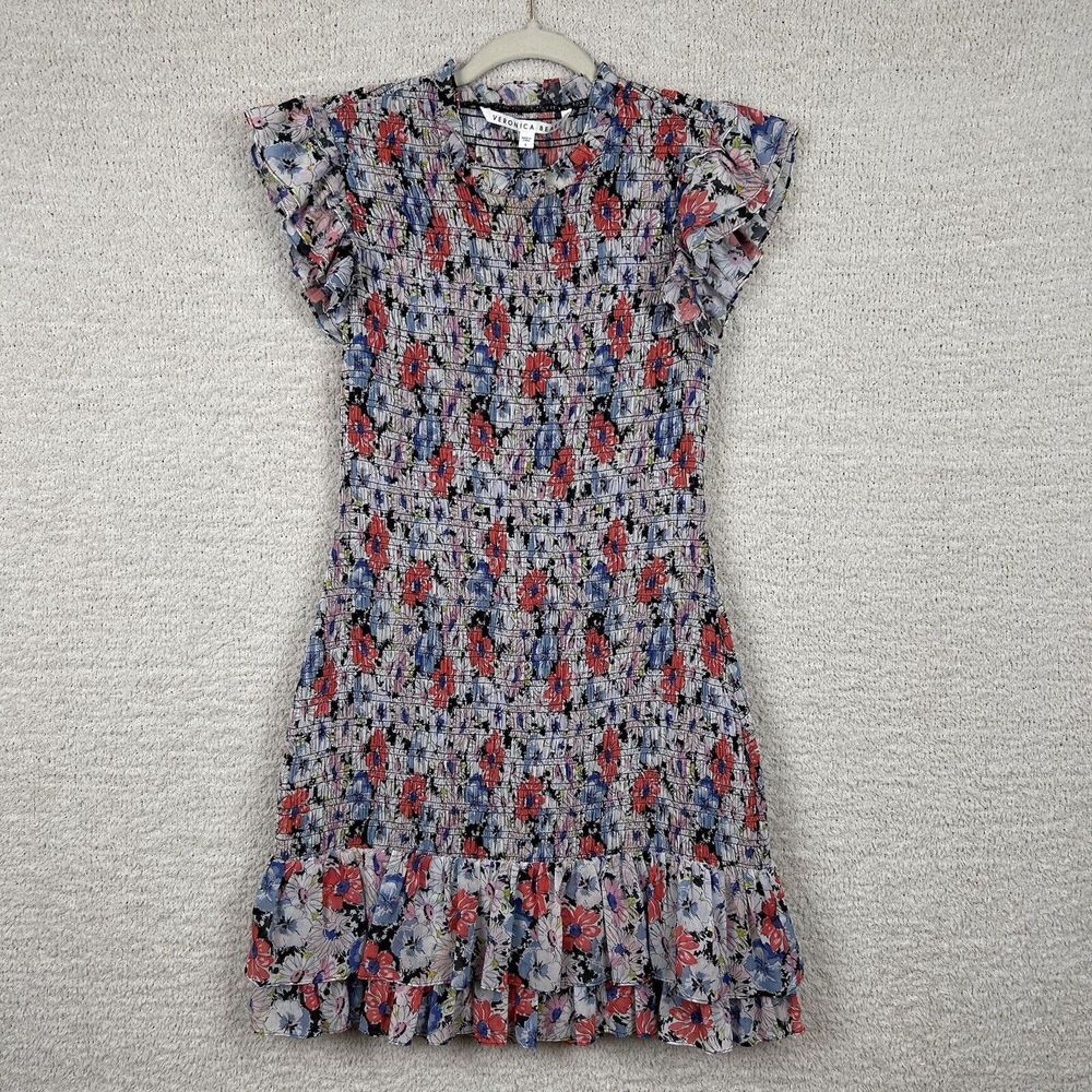 Veronica Beard Floral Smocked Mini Dress in Lavender, Red, Blue